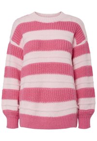 Light pink and dark pink striped sweater, made of textured fabric, featuring a crew neck and ribbed cuffs.