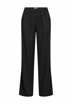 Čierne široké nohavice s elastickým pásom, voľným strihom a rovnými lemy, zobrazené na bielom pozadí.