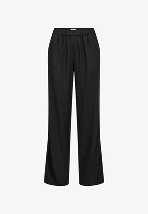 Čierne široké nohavice s elastickým pásom, voľným strihom a rovnými lemy, zobrazené na bielom pozadí.