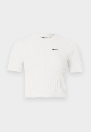 Fehér, rövid ujjú, bordázott kötött crop top kerek nyakkivágással és kis Ellesse logóval a bal mellrészen.