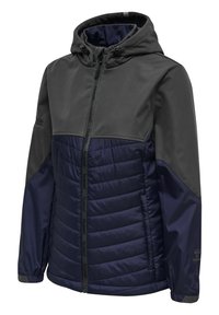 Huvjacka med grå övre del och marinblå quiltad nedre del, tillverkad av syntetiska material. Har dragkedja hela vägen och logotyp på ärmen.