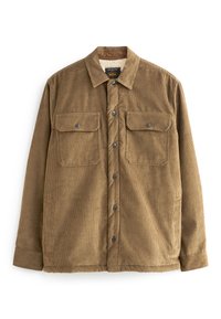 Brown corduroy shirt jacket with a collared neck, front button closure, two chest pockets, and a textured ribbed pattern.