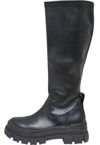 Bottes en cuir noir montant jusqu'aux genoux, avec une semelle en caoutchouc épaisse, une texture lisse, un bout arrondi, un panneau élastique latéral et une languette à l'arrière.