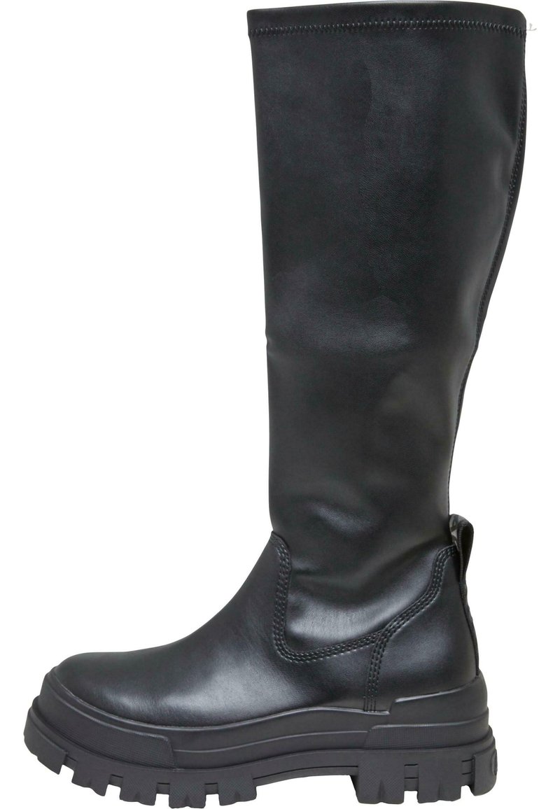 Bottes en cuir noir montant jusqu'aux genoux, avec une semelle en caoutchouc épaisse, une texture lisse, un bout arrondi, un panneau élastique latéral et une languette à l'arrière.
