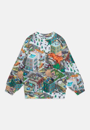 Felpa a maniche lunghe con una vivace stampa di una scena urbana multicolore. Presenta alberi, edifici, un T-Rex e personaggi dei cartoni animati in diverse attività.