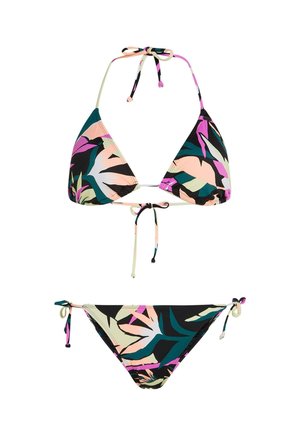 Bikinikomplekt, millel on kolmnurkne ülaosa ja paelaga külgedel lõikega püksikud. Mustal taustal mitmevärviline lehemuster. Materjal on sile ja veniv kangas.