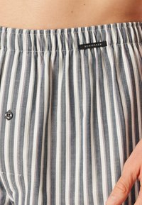 Shorts rayés avec un motif en chevrons bleu marine, blanc et rose. Taille élastique avec une étiquette marquée "SCHIESSER" et un petit logo en accent.