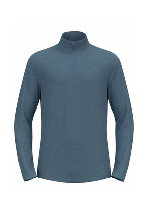 Light blue long-sleeve pullover with a half-zip collar, textured fabric, and a logo on the chest. Designed for comfort and layering.