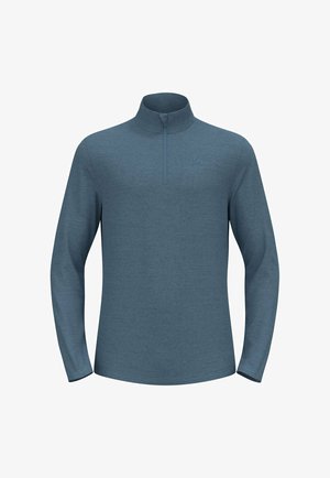 Light blue long-sleeve pullover with a half-zip collar, textured fabric, and a logo on the chest. Designed for comfort and layering.