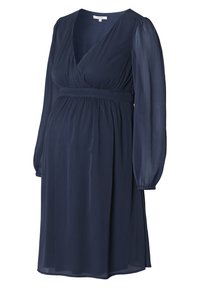Navyblaues Wickelkleid mit langen, transparenten Ärmeln, einem Taillengürtel und einer fließenden Silhouette. Hergestellt aus leichtem, strukturiertem Stoff.