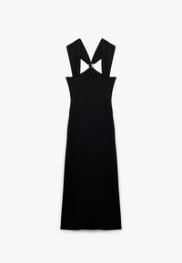 Czarna długa sukienka z szerokimi ramiączkami i węzłem z tyłu. Wykonana z gładkiego materiału, z dopasowanym krojem i minimalistycznym stylem.