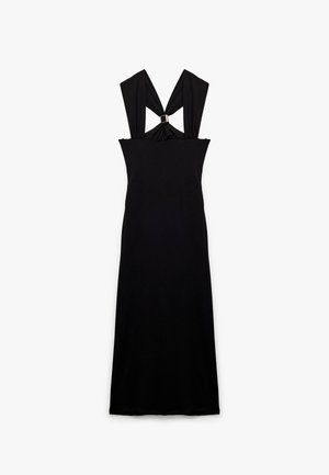 Black maxi dress with wide straps and a knotted back design. Made from smooth fabric, featuring a fitted silhouette and minimalist style.