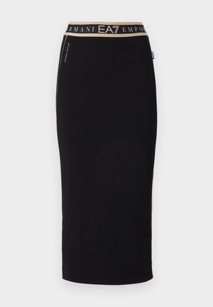 Schwarzer Baumwollrock mit taillierter Passform, verfügt über einen breiten beigen Bund mit "EA7 Emporio Armani"-Logo, glatte Textur, knielanger Schnitt.