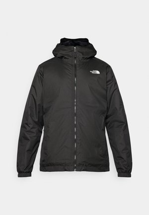 Musta The North Face -huppari, jossa on etuvetoketju, joustavat hihansuut ja logo vasemmalla ylärinnassa valkoista taustaa vasten.