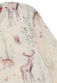 Helle beigefarbene Sweatshirt mit einem Naturdruck, der Illustrationen von Rehen und Füchsen zeigt, geripptem Halsausschnitt und blütenförmigen Knöpfen. Weicher Stoff.