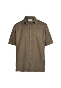 Kurzärmliges, knöpfbares Hemd in Olivgrün, aus leichtem Stoff, mit einer Brusttasche und einem klassischen Kragen.
