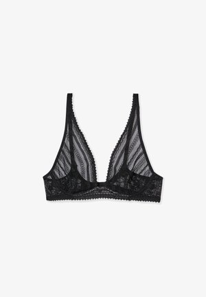 Soutien-gorge triangulaire en dentelle noire avec un tissu transparent, des bords festonnés et un motif floral. Il dispose de bretelles ajustables et d'une bande lisse.