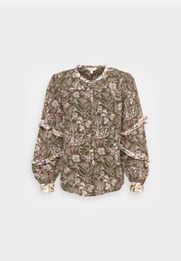 Blusa verde-oliva com estampado floral, apresentando mangas bufantes e detalhes em rendas. Frente com botões e decote redondo com borda estampada.