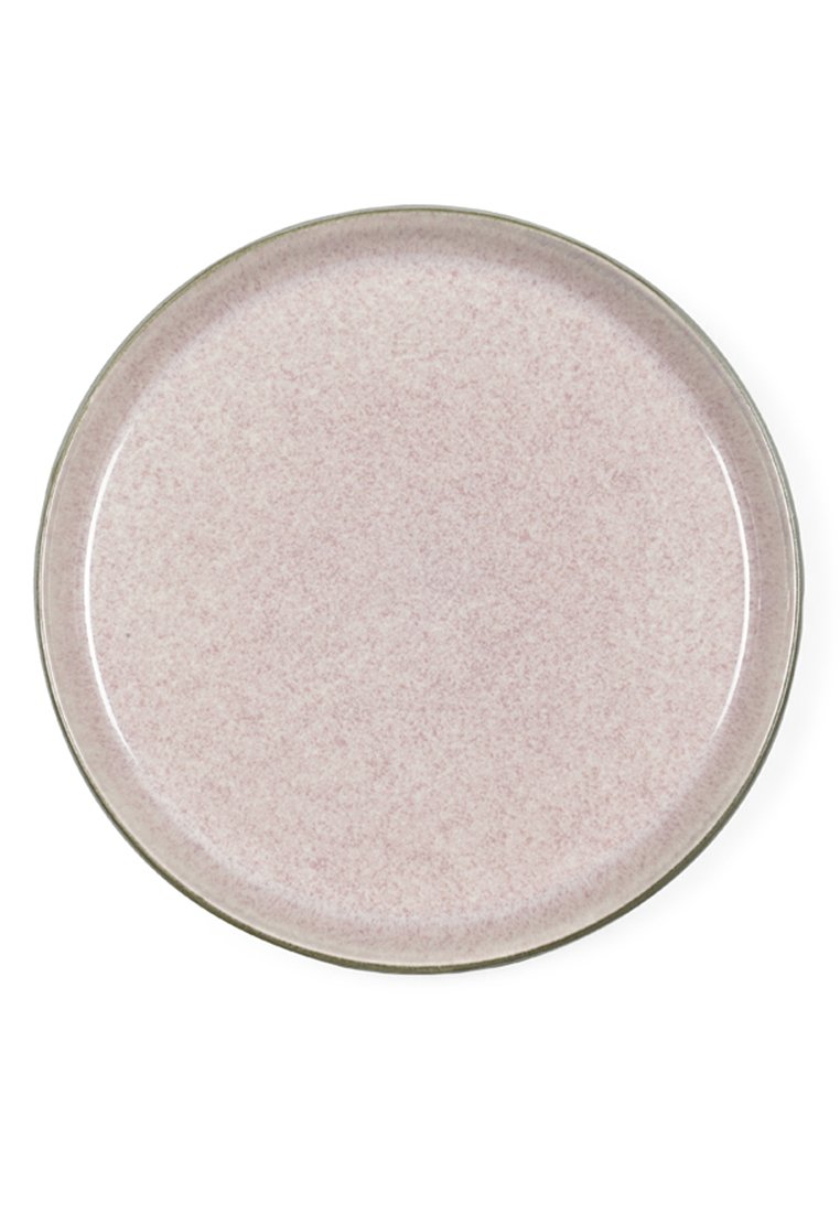 Runder Keramikteller mit einer gesprenkelten, hellrosa Oberfläche und einer glatten Oberfläche, die einen subtilen Rand in einem dunkleren Farbton aufweist.