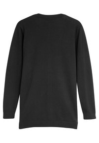 Schwarzer, langärmeliger Pullover mit Rundhalsausschnitt, gerippten Bündchen und glatter Textur; keine sichtbaren Muster oder Verzierungen.