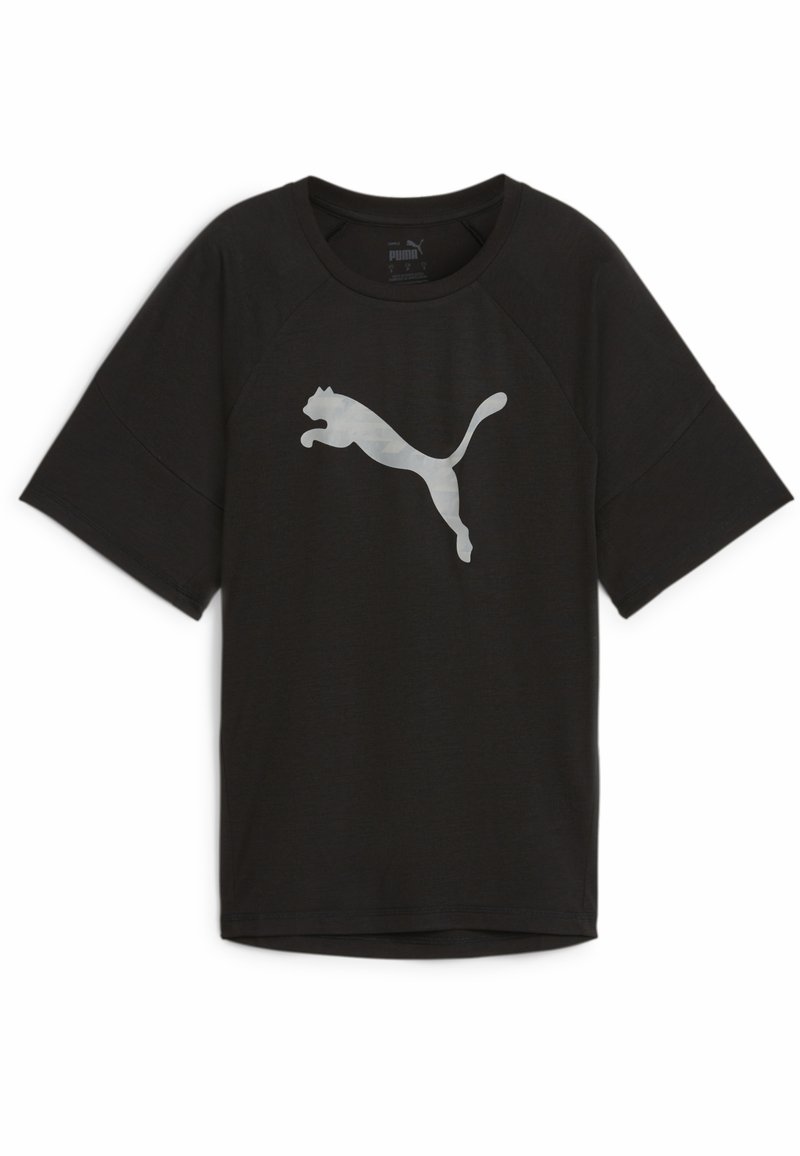 Camiseta de manga corta negra, hecha de una tela ligera. Cuenta con un gran logo reflectante de Puma en blanco en la parte frontal. Cuello redondo.