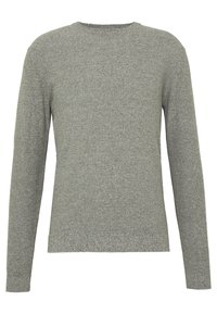 Suéter gris de punto con cuello redondo, mangas largas, grosor medio, tejido texturizado y dobladillo recto en la cintura.