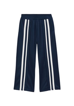 Marineblaue Hose mit weitem Bein, elastischem Bund und zwei vertikalen weißen Streifen, die vorne und hinten an jedem Bein verlaufen.