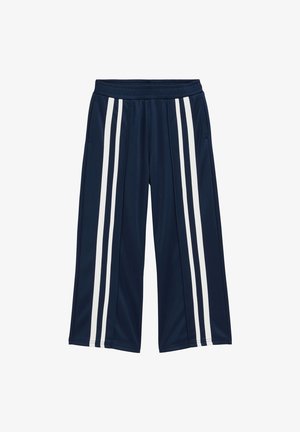 Marineblaue Hose mit weitem Bein, elastischem Bund und zwei vertikalen weißen Streifen, die vorne und hinten an jedem Bein verlaufen.