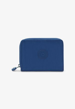 Compact blue zippered wallet with circular embossed logo on front and small pull tab on left side.
