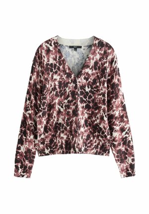 Kardigan na guziki z długim rękawem i dekoltem w serek, z abstrakcyjnym wzorem lamparta w kolorze bordowym i czarnym.