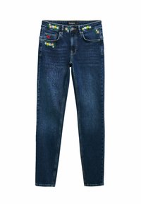 Jeans in denim blu scuro con ricami floreali sulla cintura e sulle tasche, caratterizzati da un classico design a cinque tasche e gambe dritte.