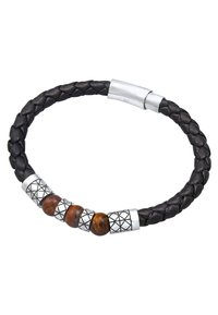 Black braided leather bracelet featuring silver accents and patterned metal beads, along with two wooden beads providing texture contrast.