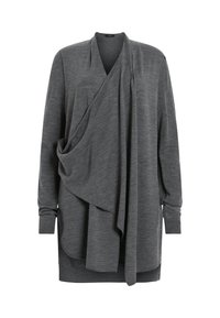 Szary longsleeve z miękkiego materiału, z drapowanym przodem, asymetrycznym dołem i prążkowanymi mankietami, zapewniający swobodny krój.