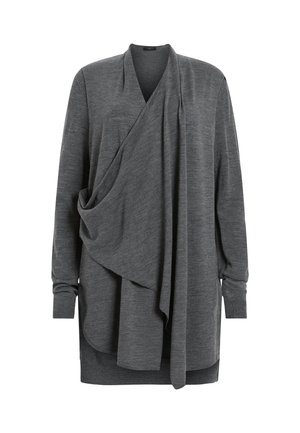 Szary longsleeve z miękkiego materiału, z drapowanym przodem, asymetrycznym dołem i prążkowanymi mankietami, zapewniający swobodny krój.