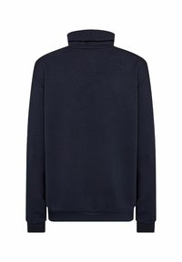 Tmavomodrý sveter s vysokým golierom a dlhými rukávmi, vyrobený z mäkkej látky, s minimalistickým dizajnom a elastickými manžetami a spodným lemom.