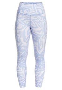Blå leggings i stretchtyg med ett vitt blommönster. Hög midja och en figurnära design, lämpliga för aktiv användning.