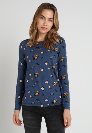 Langarm-Navy-T-Shirt aus weichem Stoff, mit floralem Muster in Gelb und Rosa, rundem Ausschnitt und lockerem Schnitt.