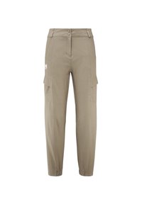 Pantalons cargo beiges à taille haute, avec deux poches latérales et des poignets élastiques, dotés d'une fermeture à bouton et d'un marquage subtile.