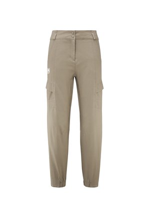 Beige cargo pants with a high waist, two side pockets, and elastic cuffs, featuring a button closure and subtle branding.