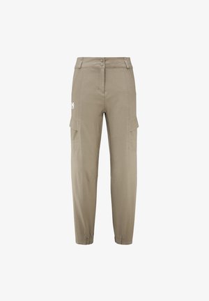 Beige cargo pants with a high waist, two side pockets, and elastic cuffs, featuring a button closure and subtle branding.