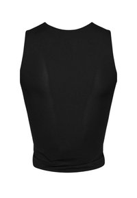 Black sleeveless top, fitted design, smooth texture, round neckline, mid-length back, no hardware or patterns. Suitable for active wear.
