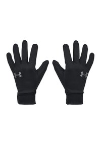 Black gloves made of a stretch fabric with a smooth texture; features a fitted wrist cuff and a grey logo on the wrist area.