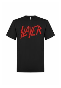 Sort bomulds t-shirt med en iøjnefaldende rød "SLAYER" grafik i vinkelret skrifttype på brystet, korte ærmer og rund halsudskæring.