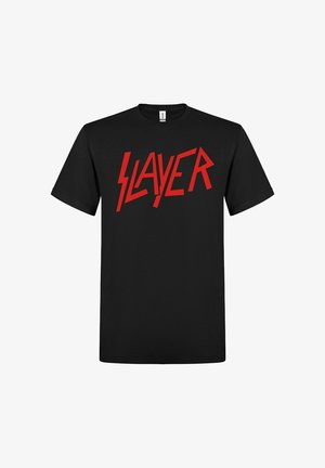 Svart bomull t-skjorte med en dristig rød "SLAYER"-grafikk i vinklet font over brystet, kortermet og med rund hals.