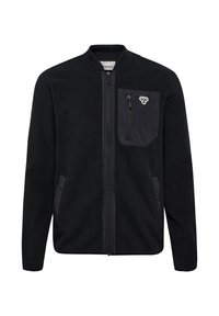 Black fleece jacket with a full zipper, ribbed collar, two side pockets, and a zippered chest pocket with a logo detail on the pocket.