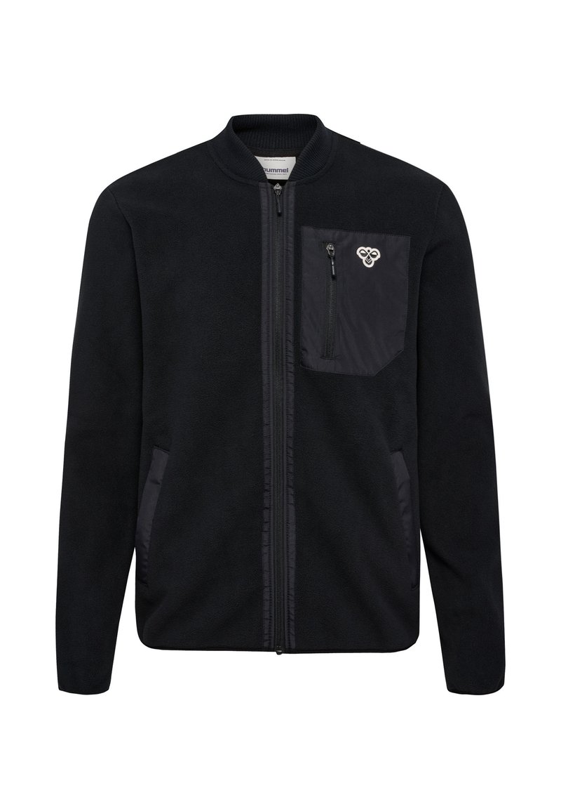 Black fleece jacket with a full zipper, ribbed collar, two side pockets, and a zippered chest pocket with a logo detail on the pocket.