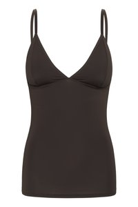 Camisola adattata di un marrone scuro con spalline sottili regolabili e scollo a V.