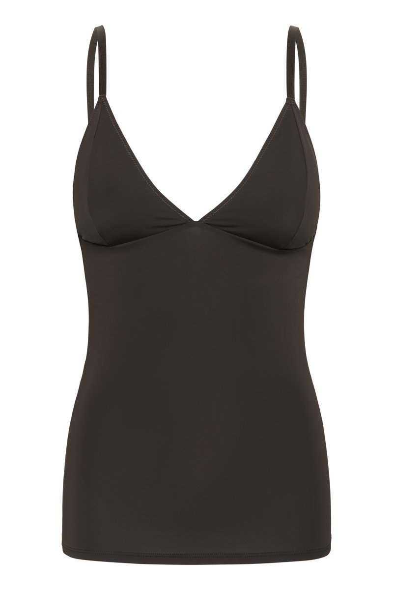 Donkerbruin aansluitend camisole met dunne verstelbare schouderbandjes en een V-hals.