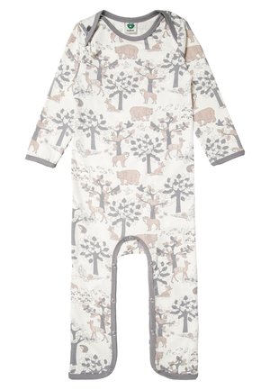 Body niemowlęce z długim rękawem w kolorze kremowym z nadrukiem w tematyce przyrodniczej; zawiera drzewa i zwierzęta w stonowanych kolorach, wykończone szarymi zatrzaskami i akcentami.
