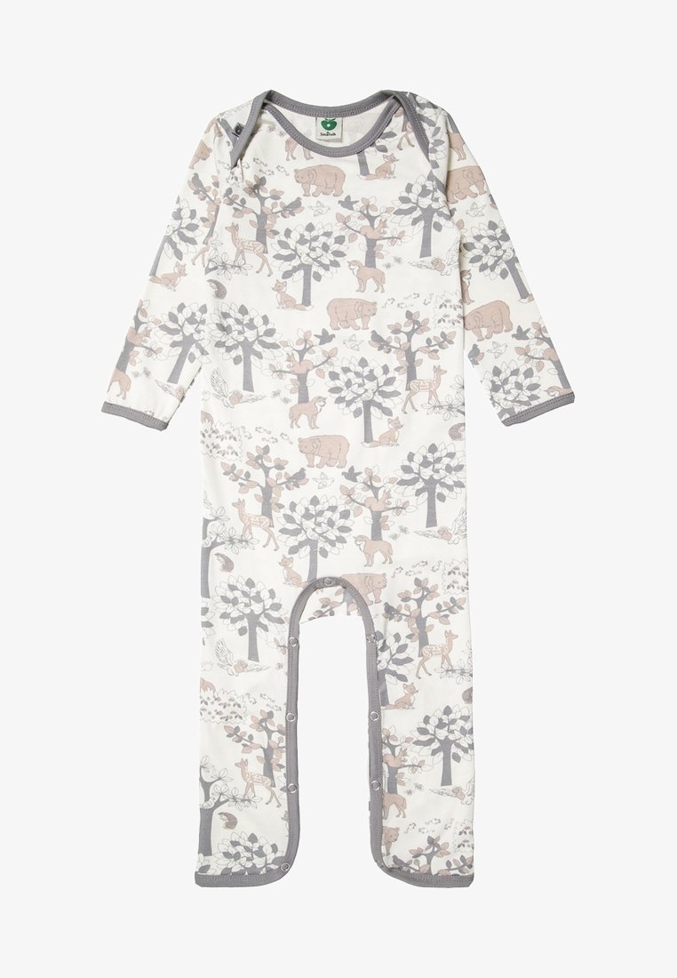 Body bébé à manches longues en crème avec un motif sur le thème de la nature ; présente des arbres et des animaux dans des couleurs douces, ornés de pressions et d'accents gris.